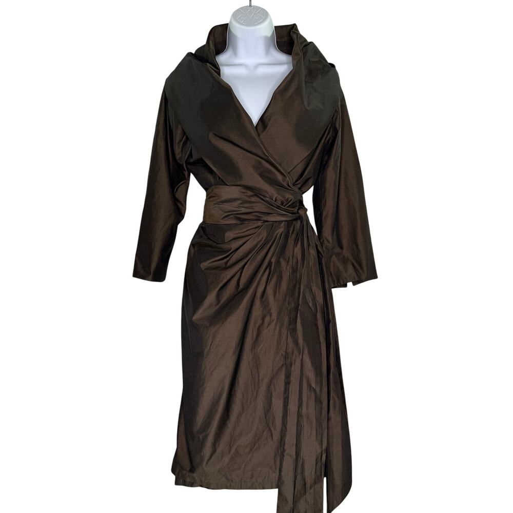 Max Mara Brown Silk Blend True Wrap Dress US12 High Collar Tie Waist Cocktail